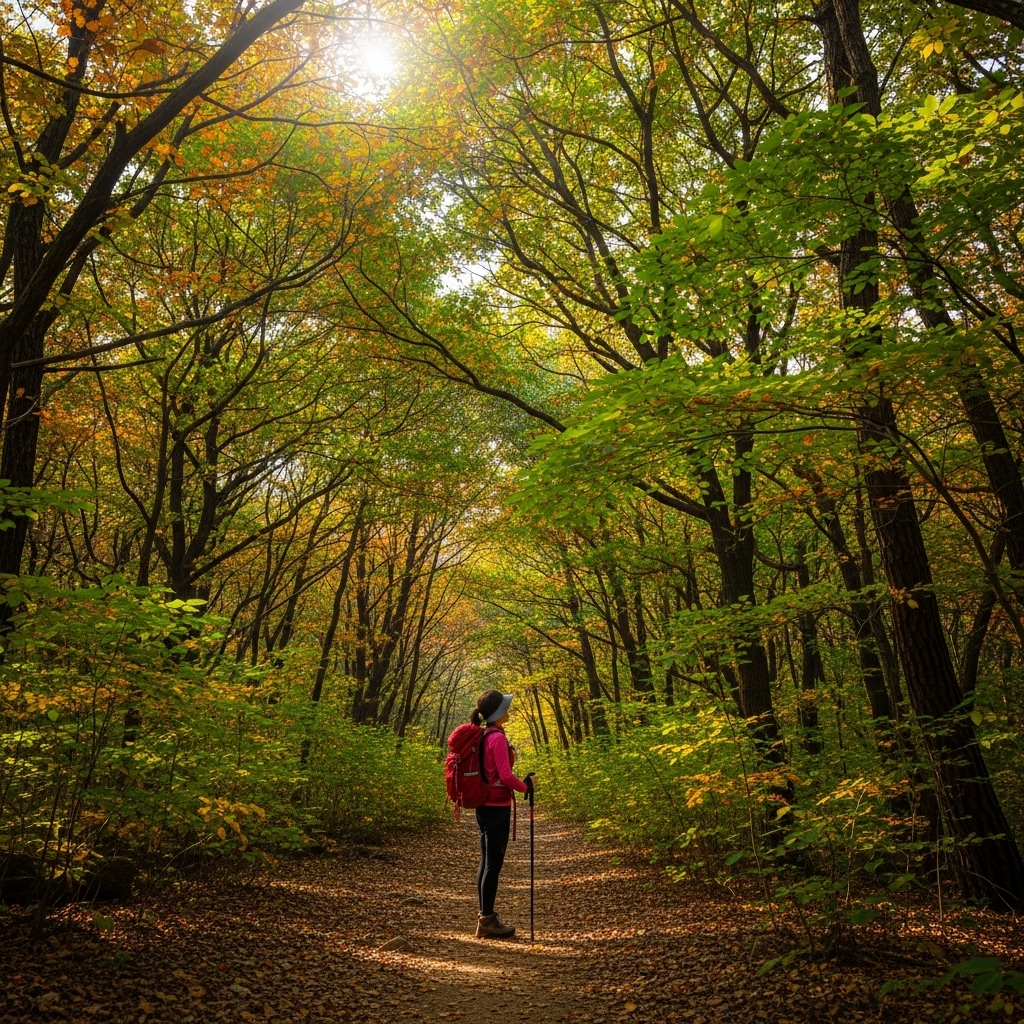 대둔산의 울창한 가을 숲길에서 평화롭게 명상하는 하이커의 뒷모습, 햇살이 숲을 비추는 고요한 풍경