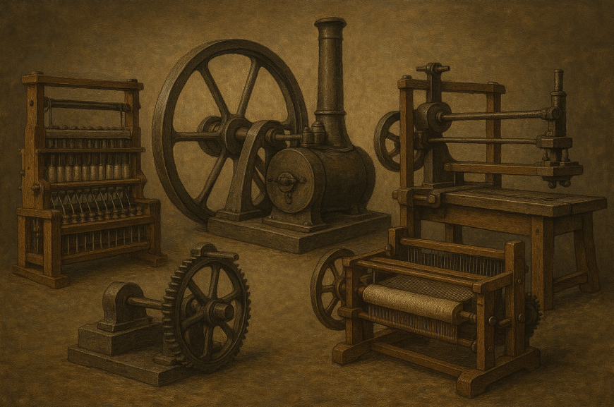 산업화에 대표적인 기기들(스피닝 뮬, 증기기관, 산업용 선반기계, 파워룸) 이미지입니다.