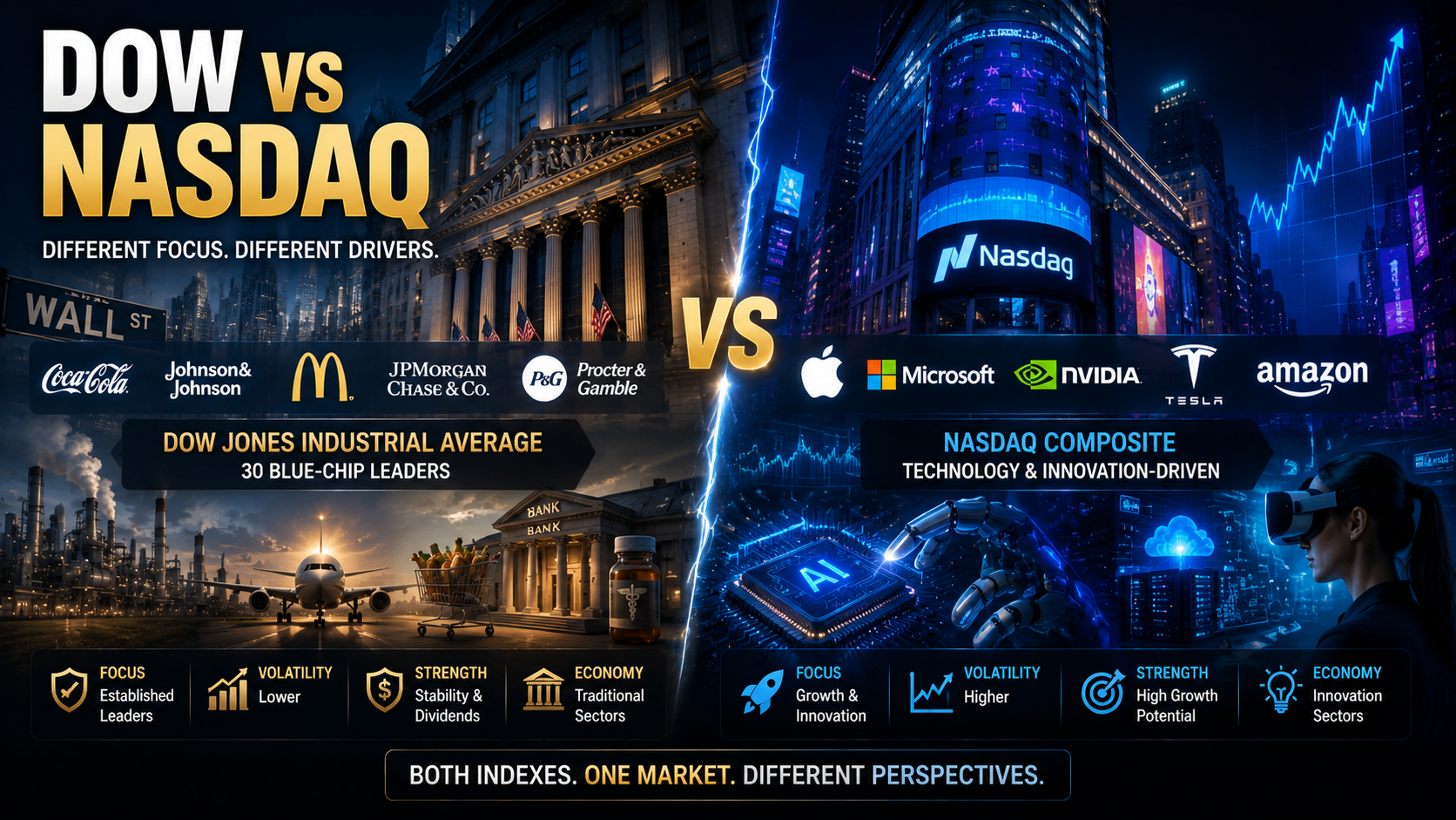 Dow Jones versus Nasdaq comparison showing blue-chip and technology-focused stock indices.