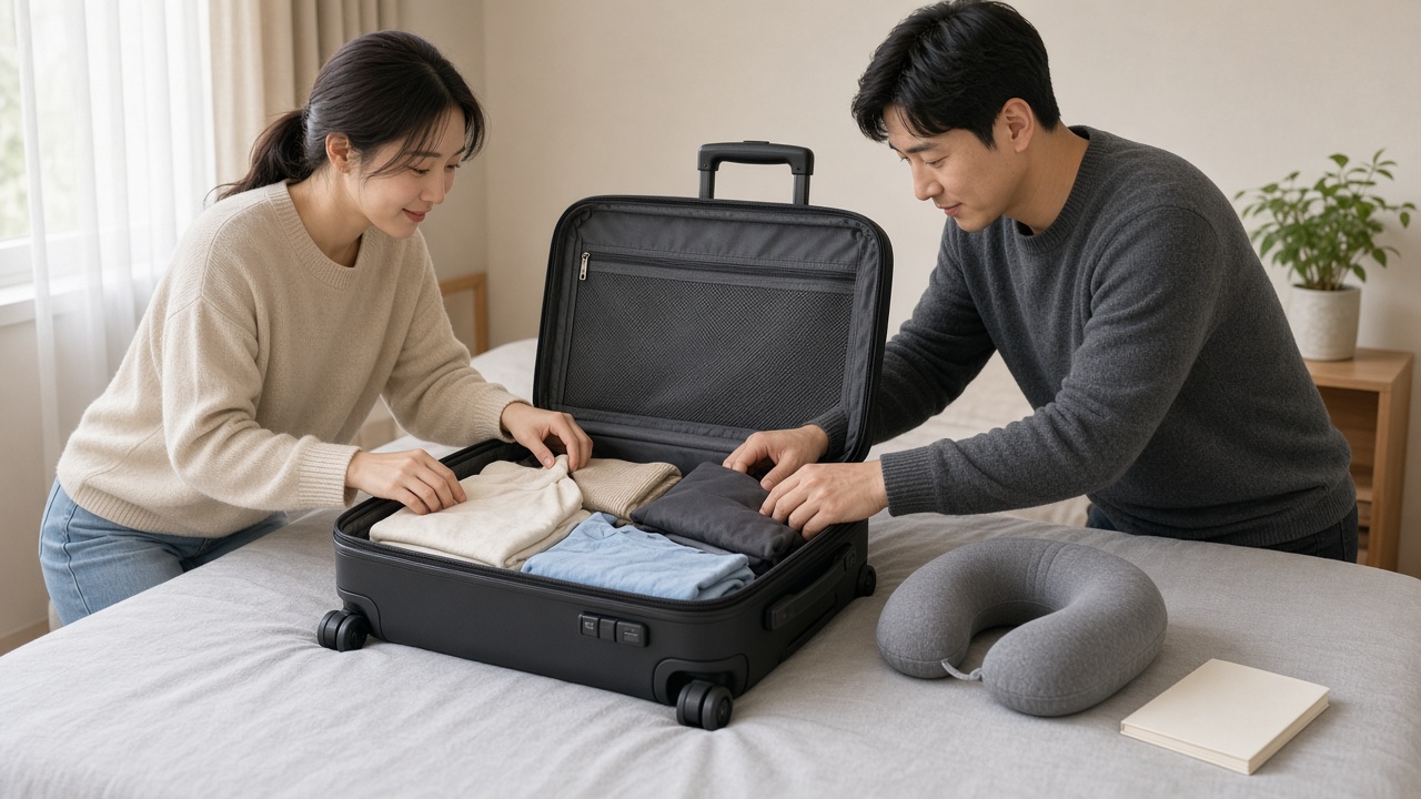 침대 위에서 기내용 캐리어에 옷과 파우치를 정리해 넣는 30대 한국인 부부