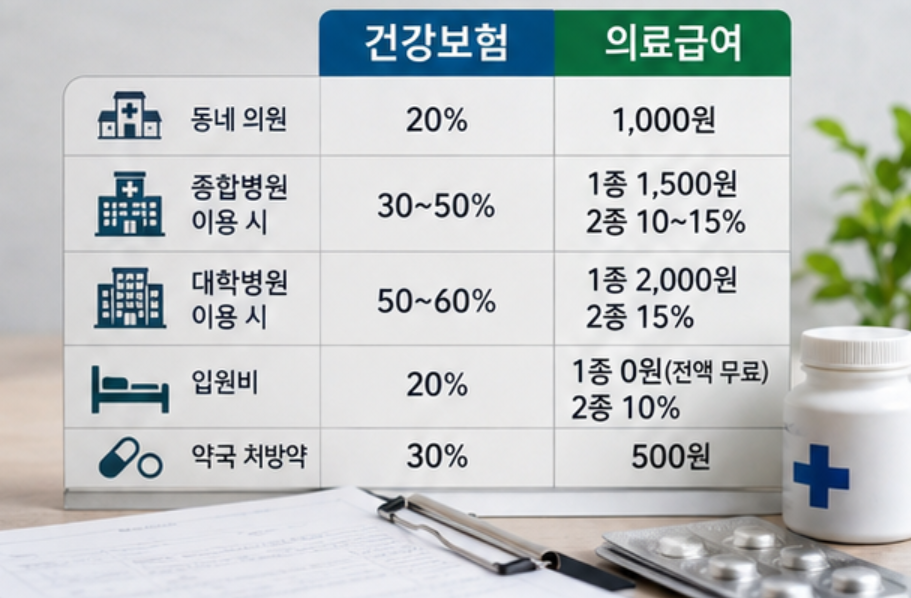 건강보험 vs 의료급여, 본인부담금 혜택 및 차이점 핵심 정리 (자격, 병원비, 신청방법 등)
