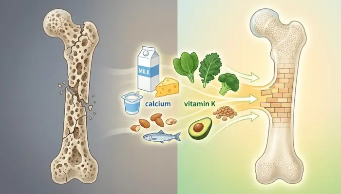 이미지 왼쪽의 어두운 배경에는 구멍이 많고 부서지기 쉬운 약한 뼈 모델이 있고, 오른쪽의 밝은 배경에는 촘촘하고 단단한 건강한 뼈 모델이 있습니다. 중앙에서 우유, 치즈, 시금치, 브로콜리 등 칼슘과 비타민 K가 풍부한 음식들이 빛나는 흐름을 이루며 오른쪽의 건강한 뼈로 흘러들어가 구조를 강화하는 모습을 보여주는 교육적인 인포그래픽 그림입니다.