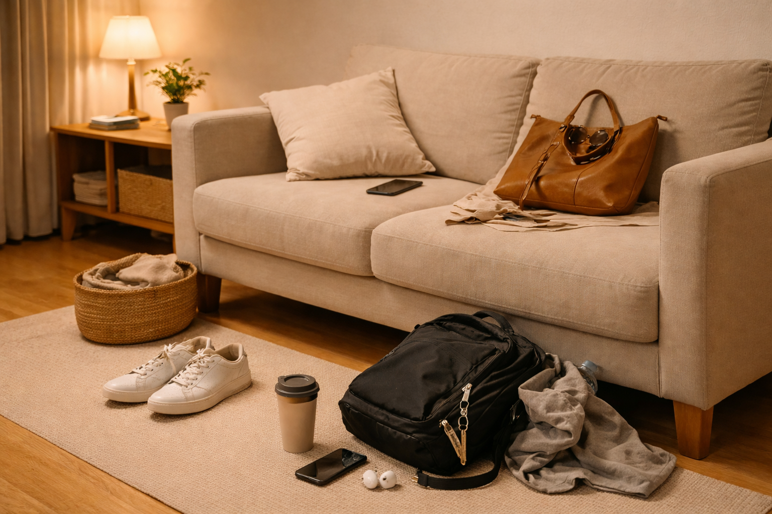 가방과 소지품이 어수선하게 놓인 거실의 생활 풍수 모습