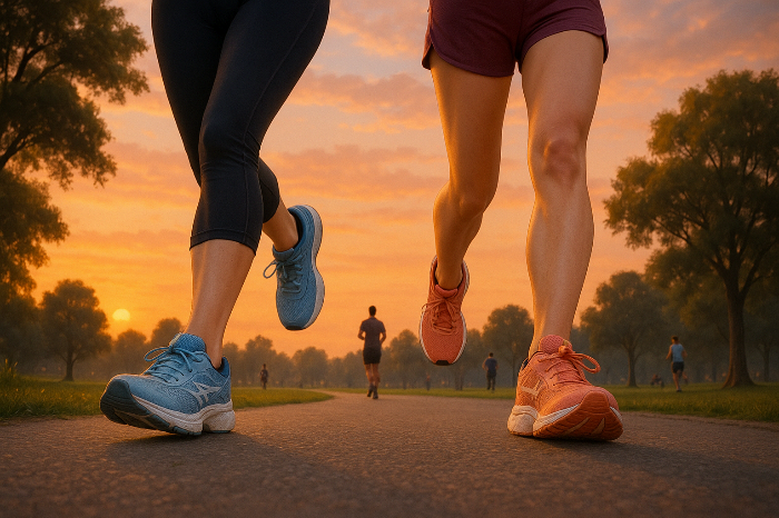 노을지는 공원에서 러닝하는 러너들
