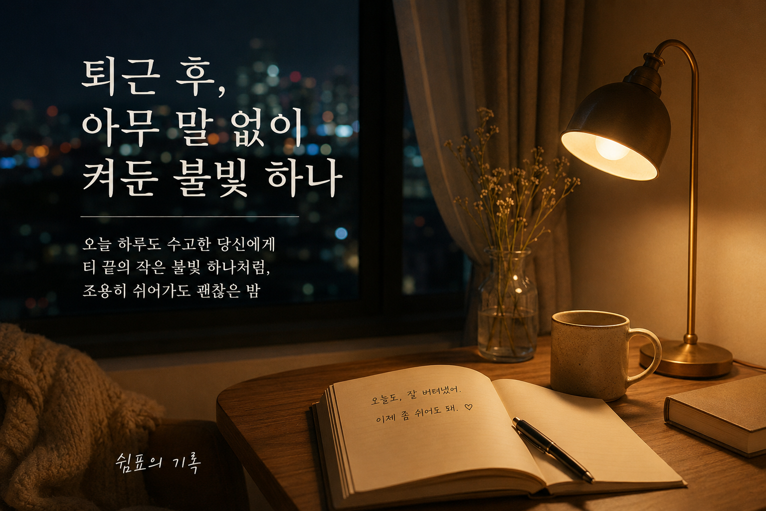퇴근 후 작은 불빛 아래에서 쉬어가는 밤의 감성 이미지