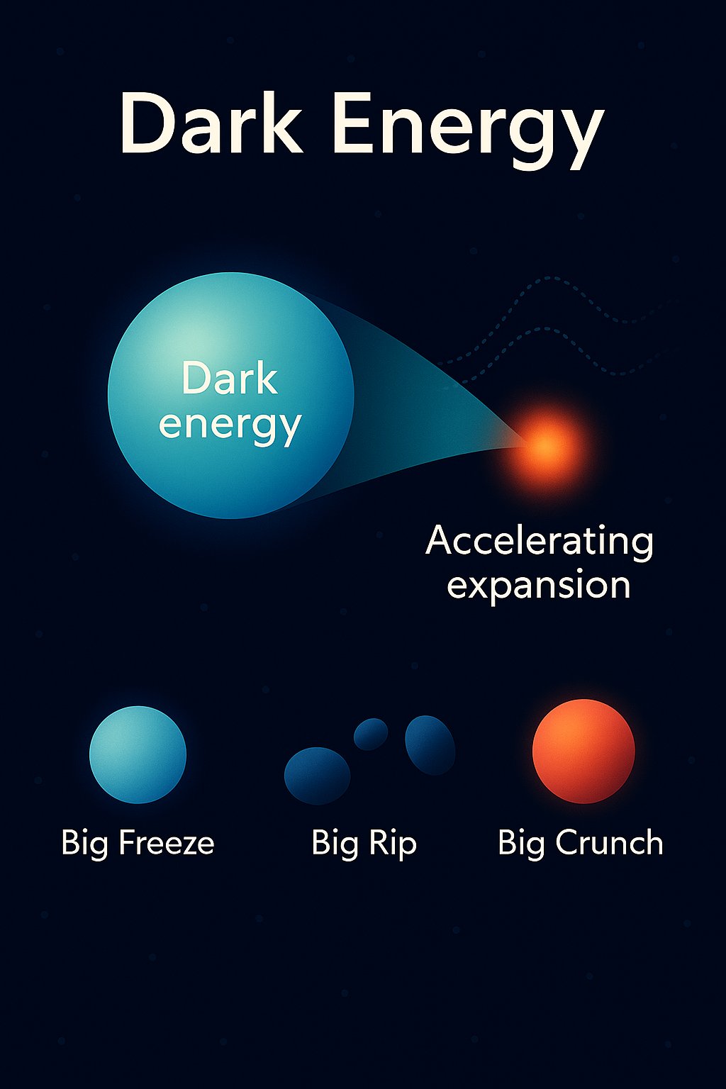 암흑에너지의 개념과 우주 가속 팽창 과정을 시각적으로 설명하는 과학 인포그래픽