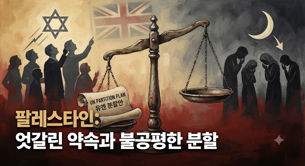 1947년 유엔 분할안이 아랍과 유대 공동체에 미친 영향을 은유적으로 표현했습니다. 영국의 국기(유니언잭)가 희미하게 보이는 가운데, 저울 위에 'UN 분할안' 문서가 놓여 있고 양쪽 접시가 불공평하게 기울어져 있습니다. 한쪽에서는 환호하고 다른 한쪽에서는 절망하는 군중의 실루엣을 배경에 배치했습니다.