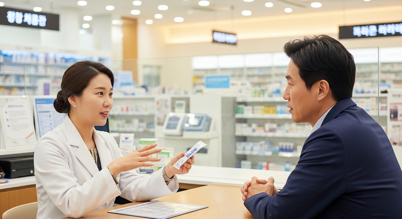 약사-상담-코너에서-흰-가운을-입은-한국인-약사가-고객에게-설명하는-장면