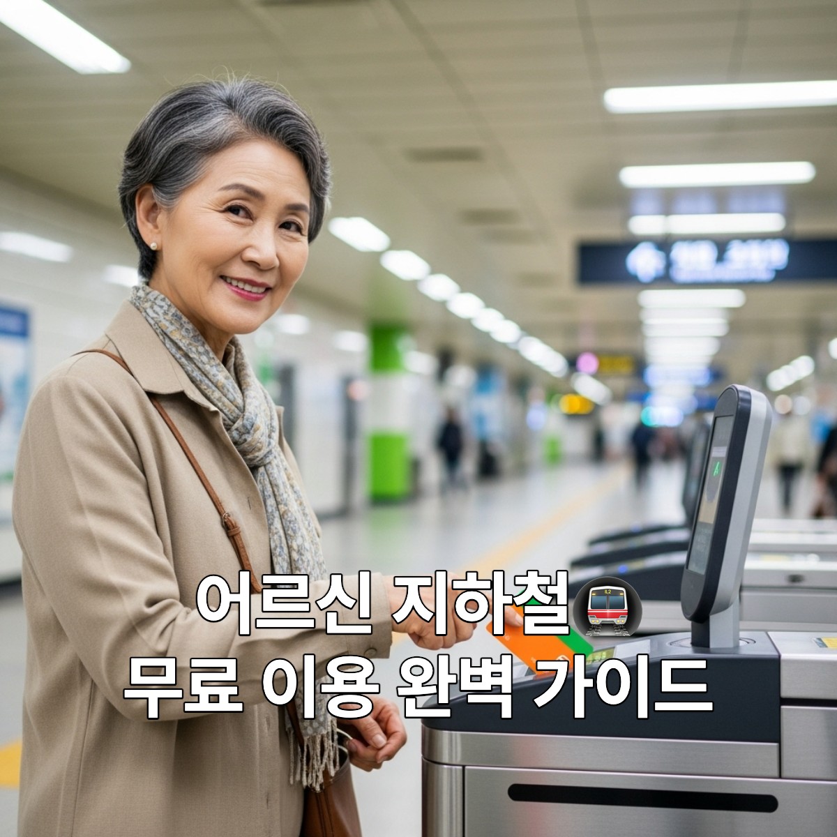 70대 한국인 여성이 지하철 개찰구에 경로우대 카드를 태그하며 환하게 웃고 있는 모습. 지하철 무료 이용 혜택을 편리하게 누리는 모습을 보여줍니다.