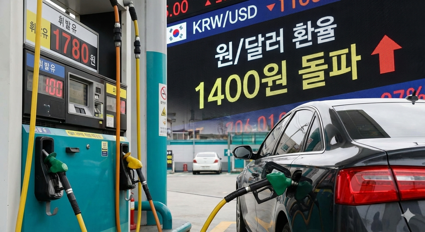 고환율이 기름값에 미치는 영향을 보여주는 합성 이미지