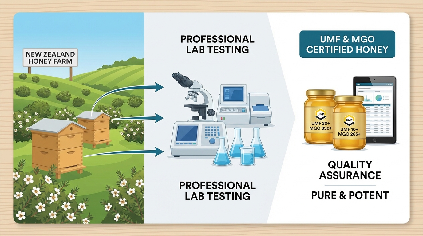 An informative infographic style image showing a New Zealand honey farm, professional laboratory testing equipment alongside golden honey jars with UMF and MGO labels, clean and modern medical-natural fusion aesthetic, 4k.