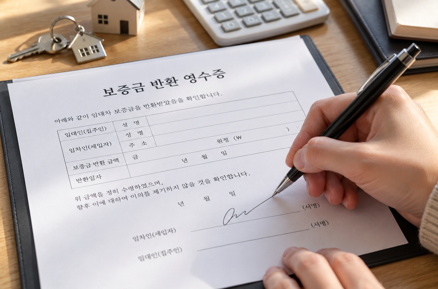 보증금 반환 영수증 양식에 반환금액과 날짜를 확인하고 펜으로 서명하는 손