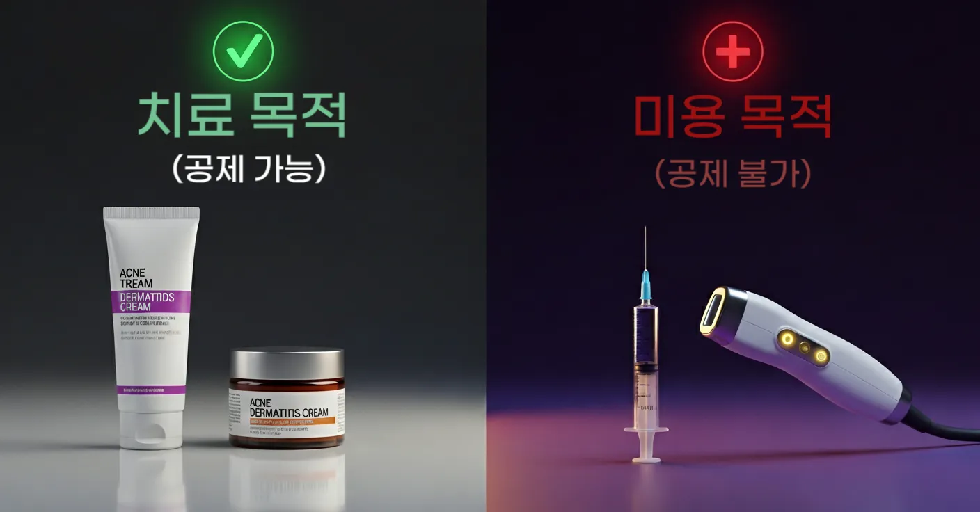 세액공제가 가능한 치료 목적 피부 시술과, 불가능한 미용 목적 시술을 비교한 사실적인 이미지