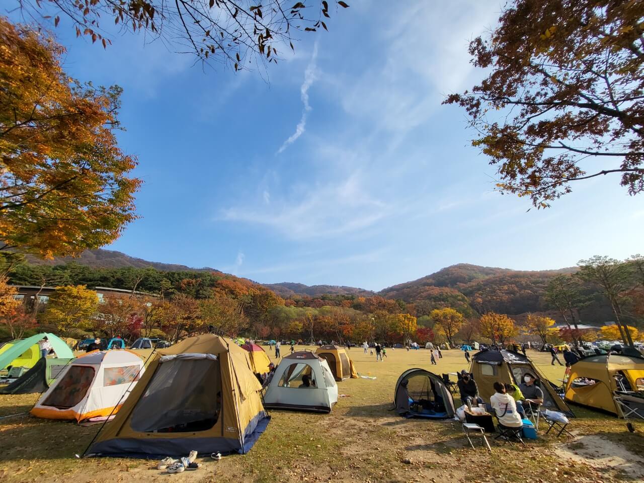 텐트를 치고 쉬는 여행객들