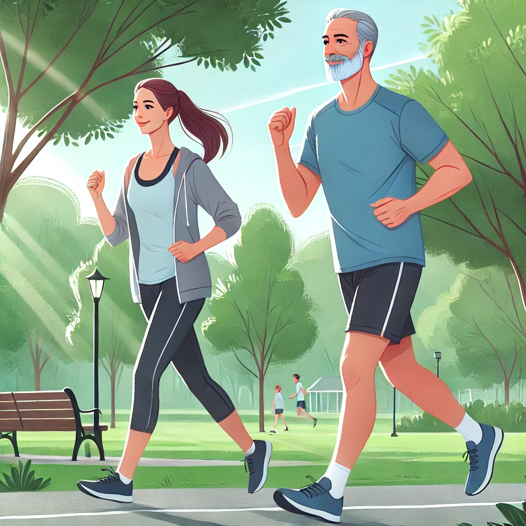 공원에서 운동하는 40대 남녀