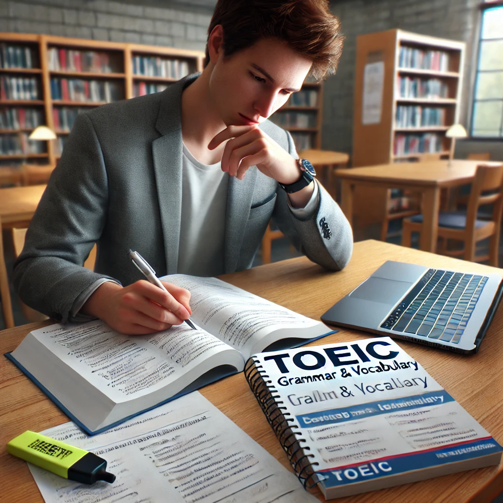 도서관에서 토익 문법과 어휘 문제를 푸는 학생