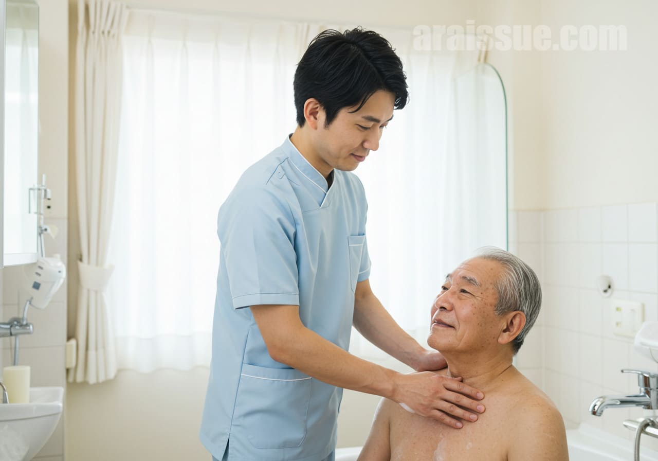 방문요양 서비스를 제공하는 간호사가 집에서 노인에게 개인 맞춤형 지원을 하고 있는 모습입니다. 따뜻한 배려와 정성을 담아 노인의 건강을 돌보는 장면을 표현하고 있습니다.