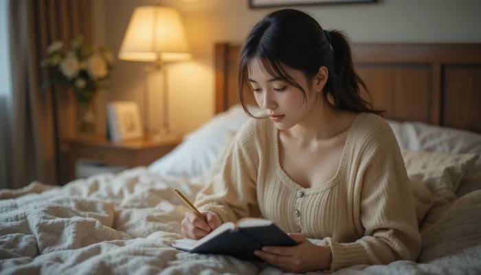 멜라토닌 복용 후 수면 변화 기록 중인 여성