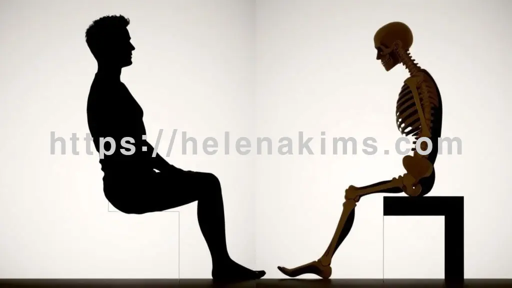 하나는 등을 곧게 펴고 올바르게 앉은 바른 자세를, 다른 하나는 구부정하게 앉은 잘못된 자세의 모습.