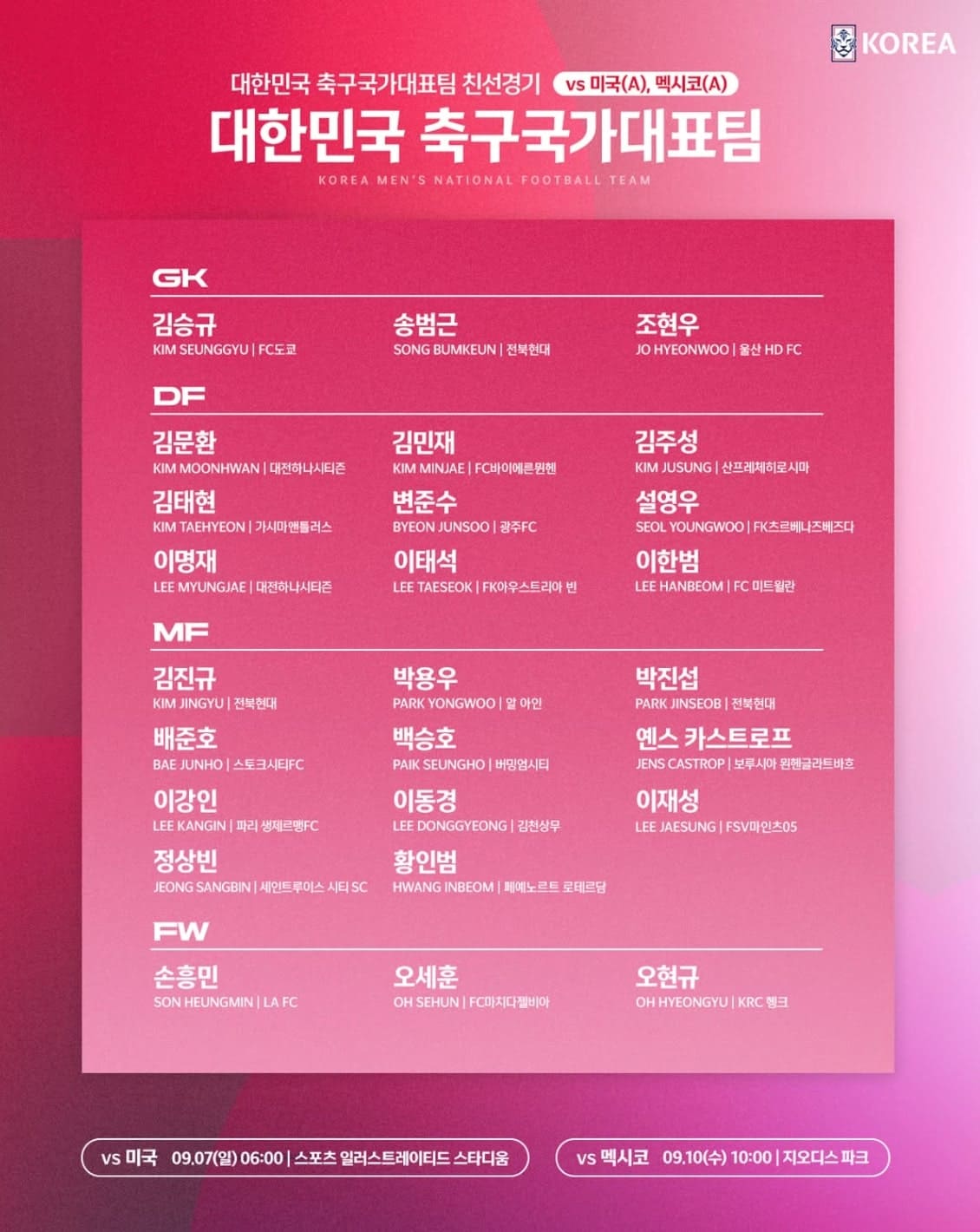 대한민국 축구 국가대표팀 발표 포스팅 관련 이미지