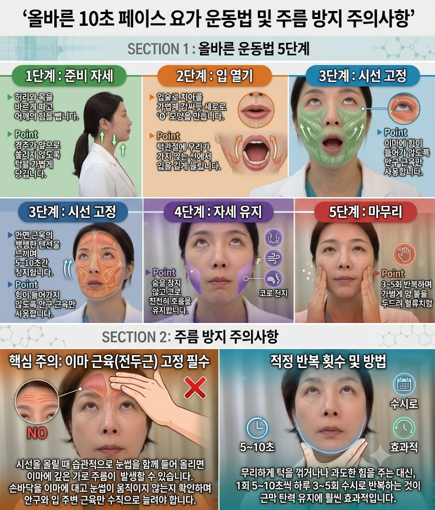 올바른 10초 페이스 요가 5단계 운동법과 이마 주름을 예방하는 전두근 고정 핵심 주의사항 안내