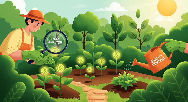 블로그 수익 정체기를 돌파하기 위해 데이터 분석 도구와 양질의 콘텐츠로 꼼꼼하게 블로그를 가꾸는 모습.