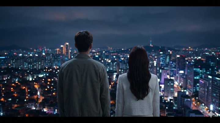 강빛나와 한다온이 나란히 서서 도시의 야경을 내려다보는 뒷모습.