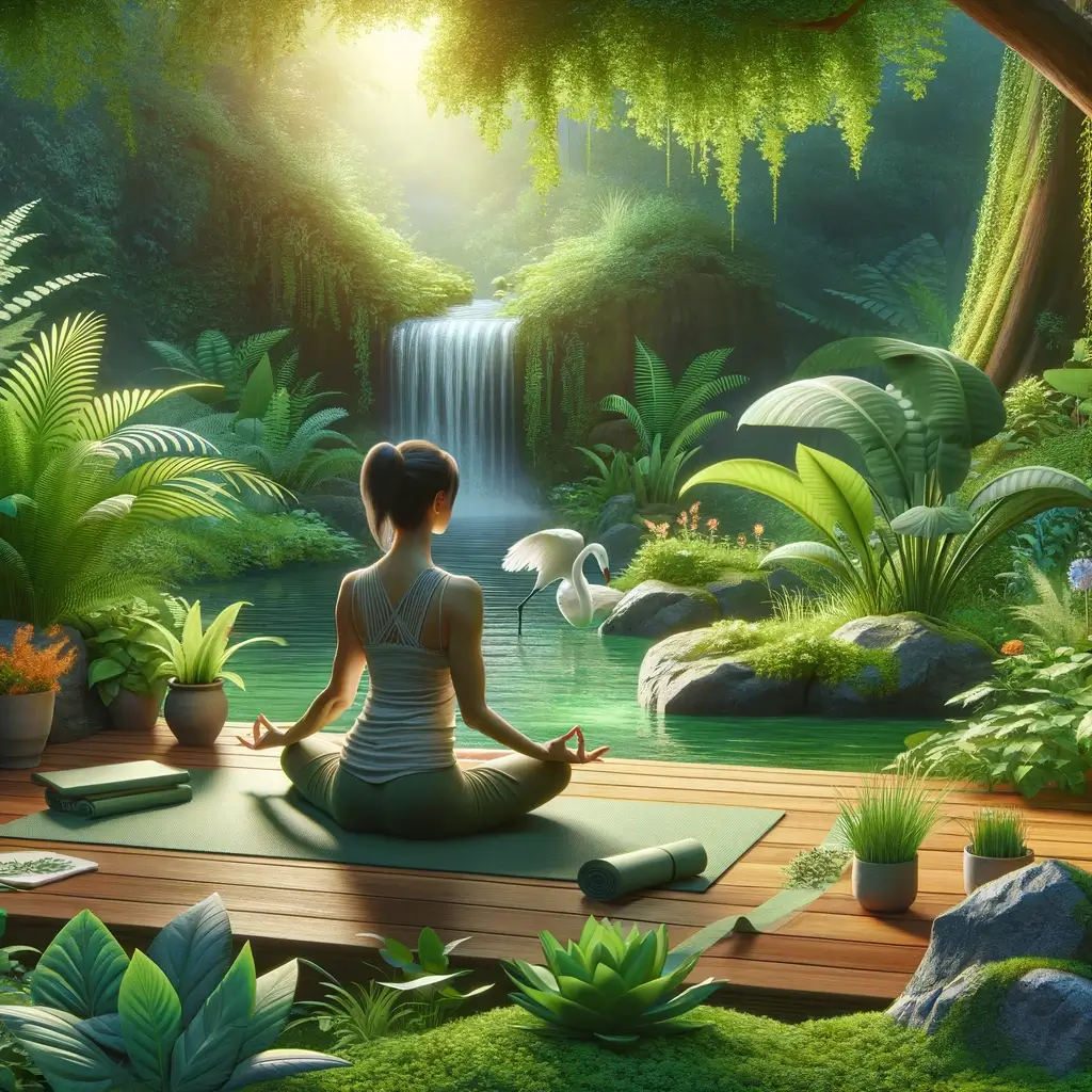 고요한 정원에서 요가를 하고 있는 중년 여성
