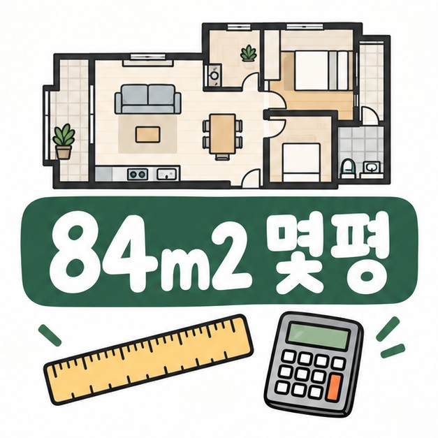 아파트 평면도와 84㎡, 평 계산 아이콘 옆에 84m2 몇평이라는 제목이 크게 적힌 대표 썸네일