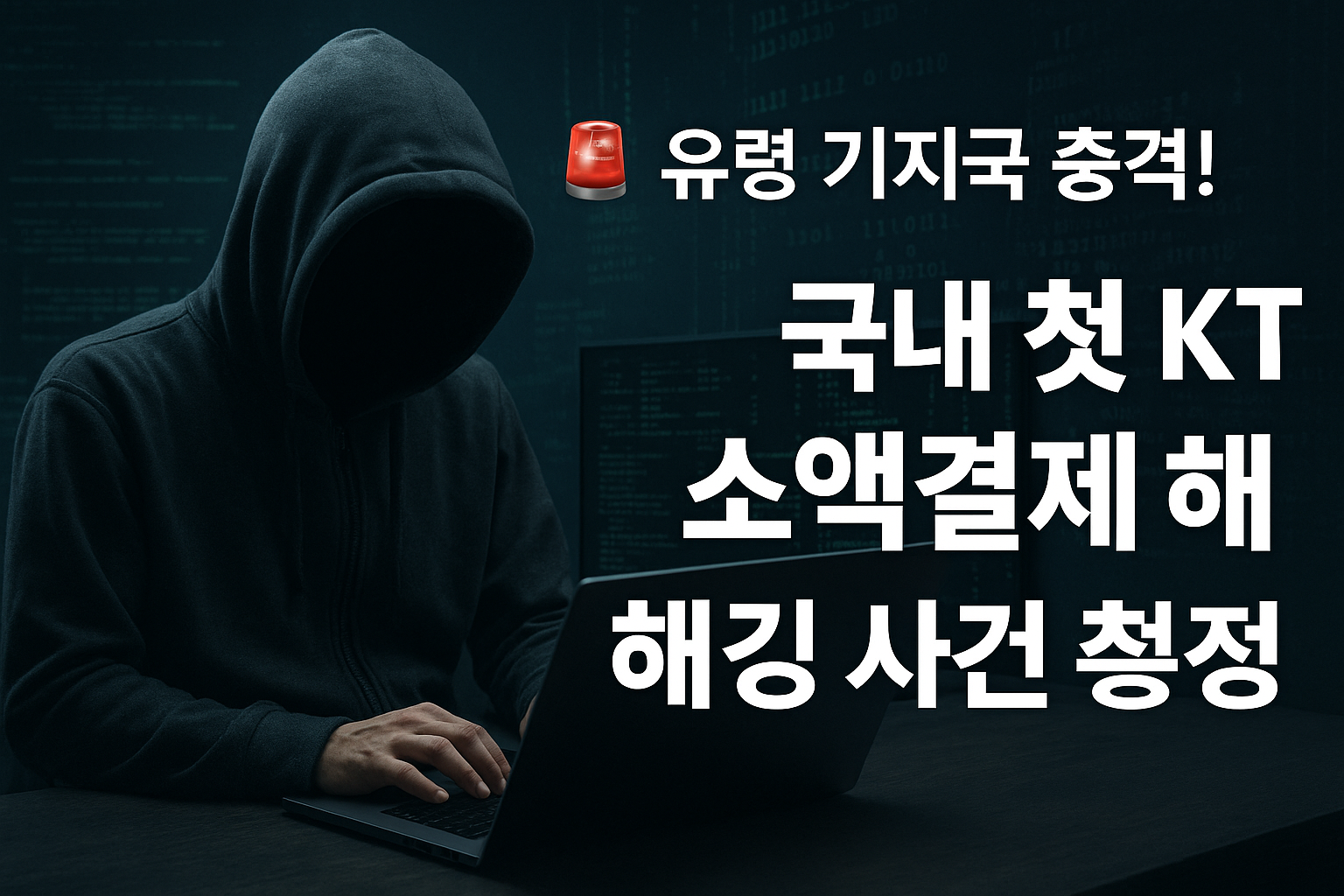 KT 유령 기지국 해킹 사건을 상징하는 어두운 배경 속 후드 쓴 해커와 함께 '유령 기지국 충격! 국내 첫 KT 소액결제 해킹 사건 총정리'라는 문구가 강조된 썸네일 이미지