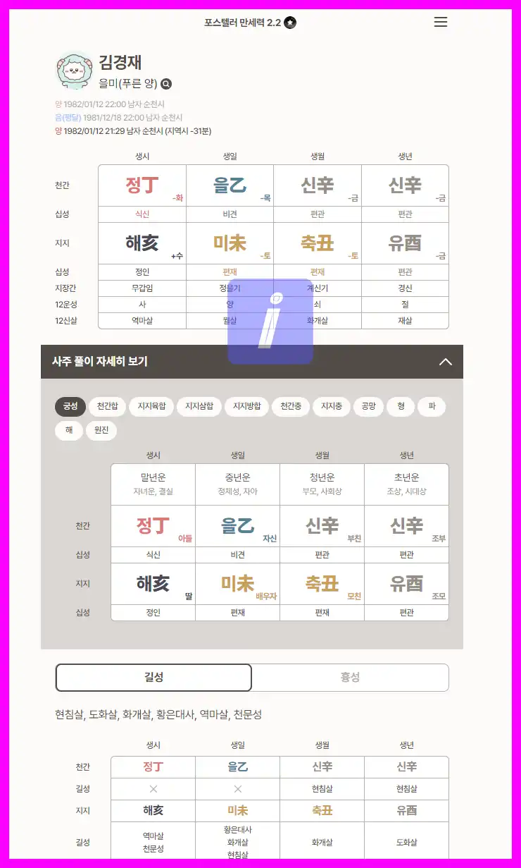 포스텔라 만세력 풀이 해석 제대로 된 설명