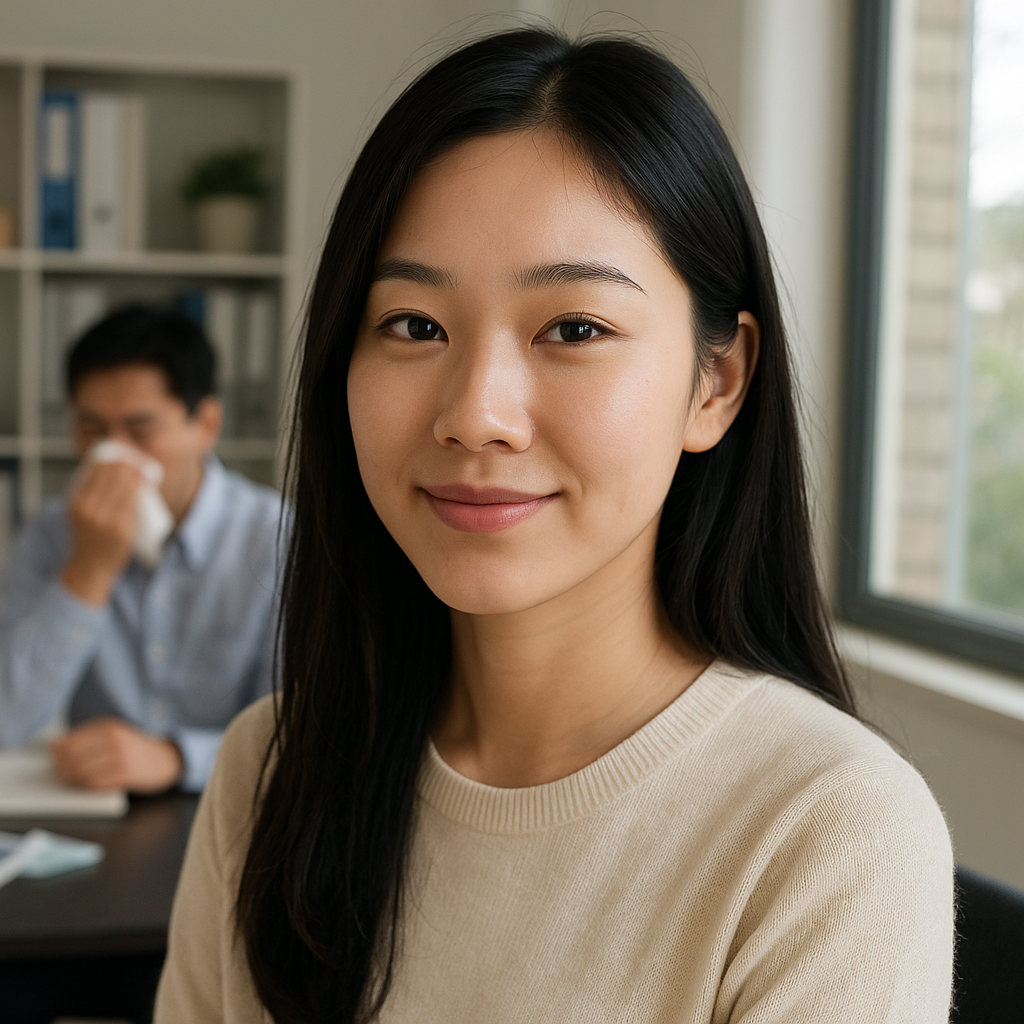 감기 걸린 동료 옆에서 멀쩡한 건강한 직장 여성의 모습