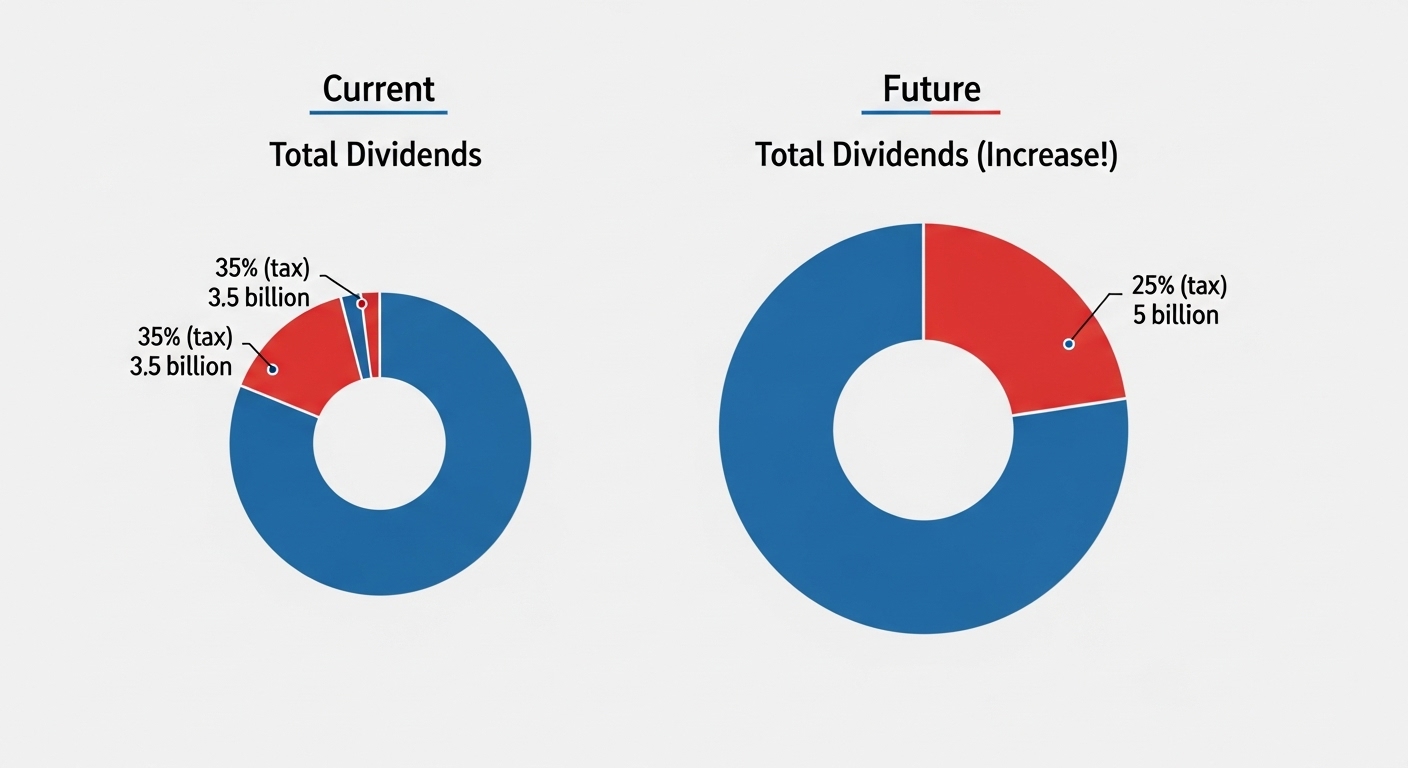 '세율 35%'(작은 파이) vs '세율 25%'(매우 큰 파이)의 세금 총량을 비교하는 인포그래픽