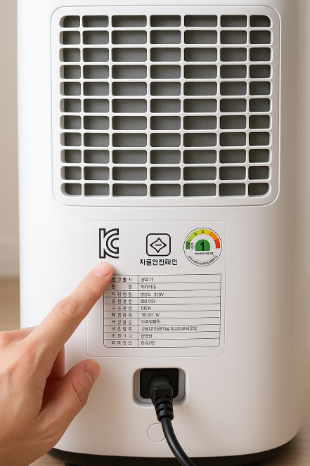 KC 인증 라벨을 가리키는 손과 제습기 뒷면