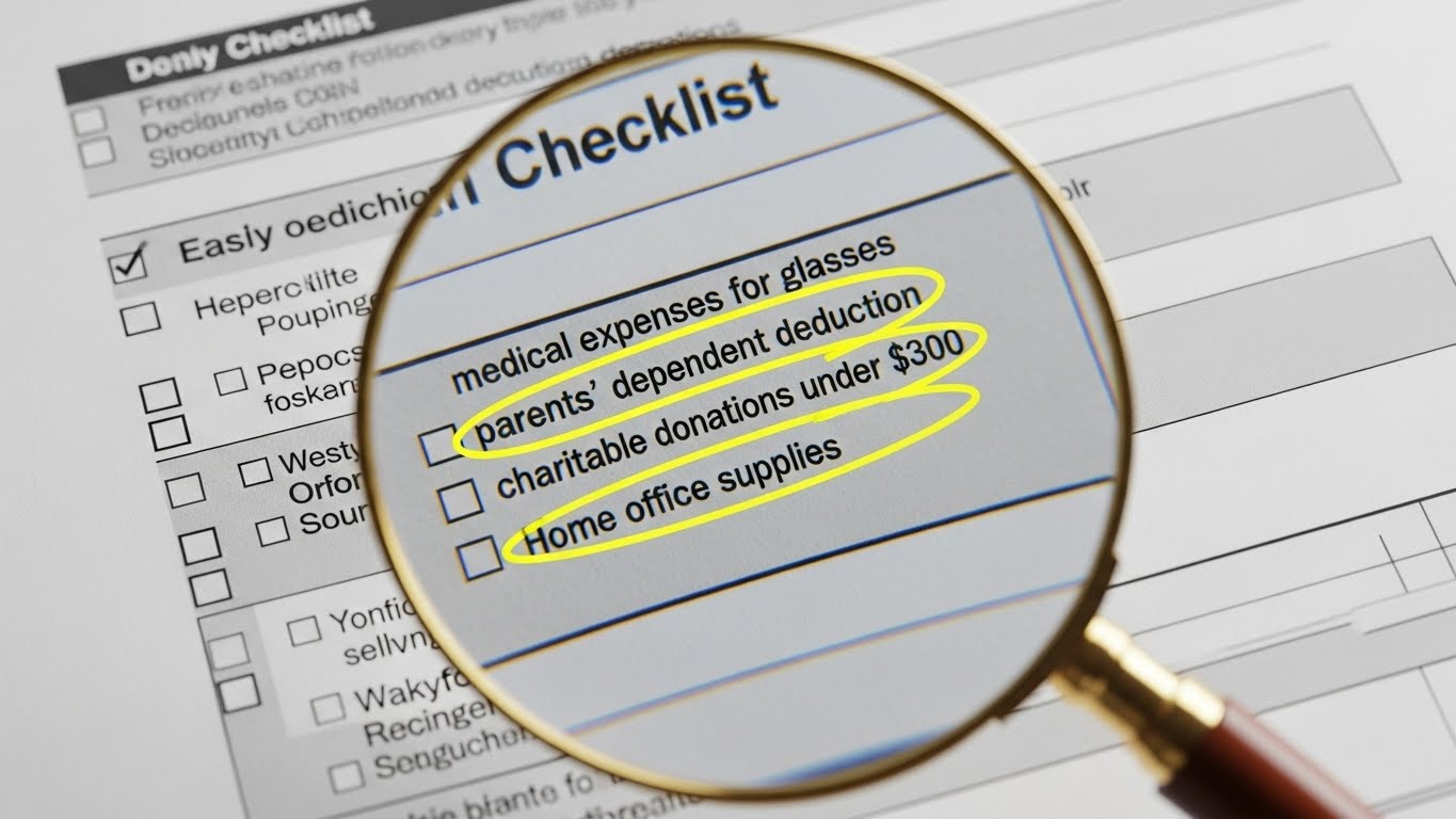 돋보기로 숨겨진 연말정산 공제 항목을 찾아내는 모습