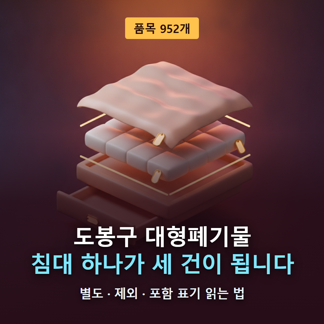 도봉구 대형폐기물 티스토리 대표 이미지 - 침대 하나가 틀&middot;매트리스&middot;하부서랍 세 건으로 나뉘는 952품목 요금표