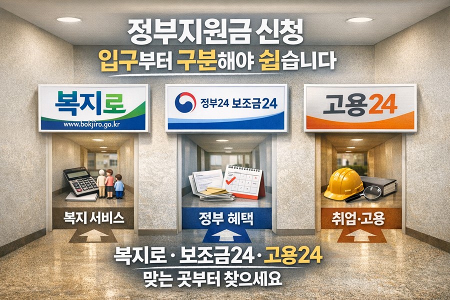 복지로와 보조금24, 고용24가 각각 다른 정부지원금 신청 입구라는 점을 한눈에 보여주는 이미지