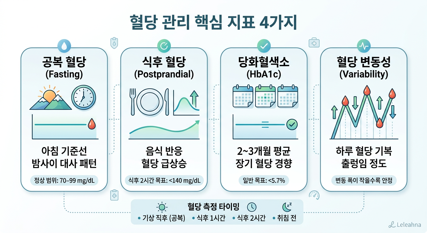 혈당 관리 핵심 지표 4가지(공복혈당&middot;식후혈당&middot;HbA1c&middot;혈당변동성) 인포그래픽