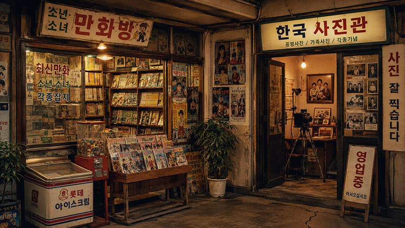 <img src="analog-comic-shop-and-photo-studio.jpg" alt="지나간 세월의 아날로그 감성을 느낄 수 있는 옛날 만화방과 동네 사진관의 아련한 모습">