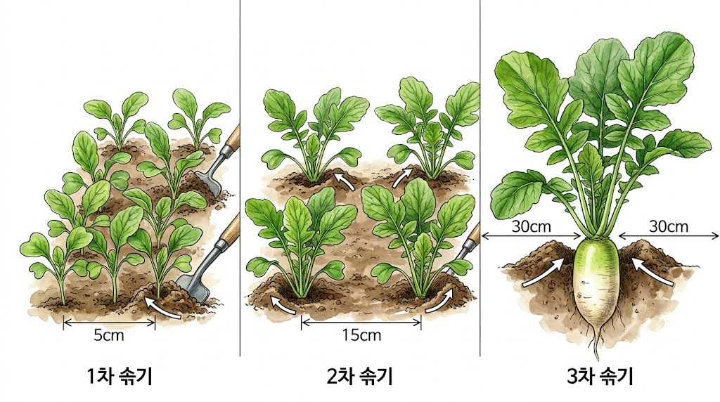 1차, 2차, 3차 솎아주기 시기별 적정 포기 간격과 남겨야 할 튼튼한 모종의 특징을 나타낸 인포그래픽