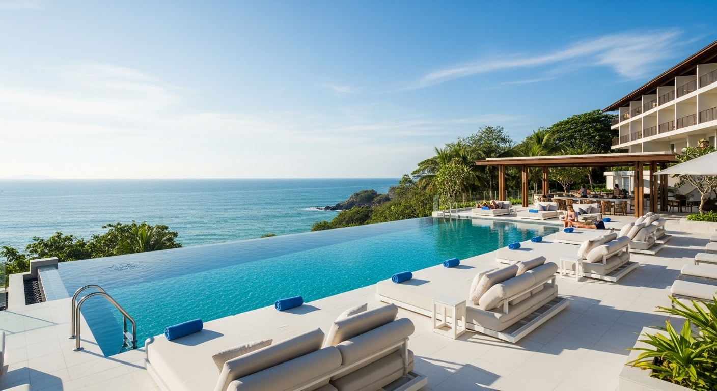 An infinity pool at a luxury hotel leading into the blue sea.