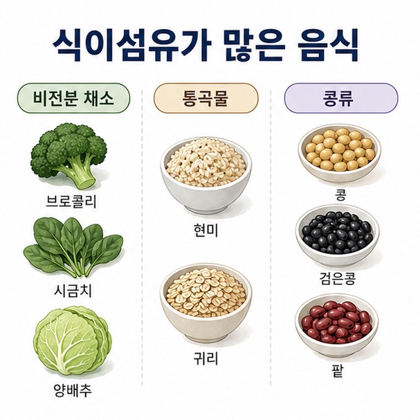 비전분 채소와 통곡물, 콩류처럼 식이섬유가 많은 음식을 혈당 관리에 활용하는 방법을 정리한 이미지