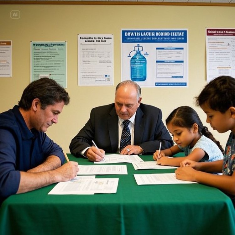 가정에서 수도꼭지를 잠그고 상하수도요금 고지서를 확인하는 장면. 배경에 &lsquo;2025년 상하수도요금 100% 감면&rsquo; 텍스트와 물방울 아이콘. 파란색과 초록색 톤으로 절약과 친환경 강조.