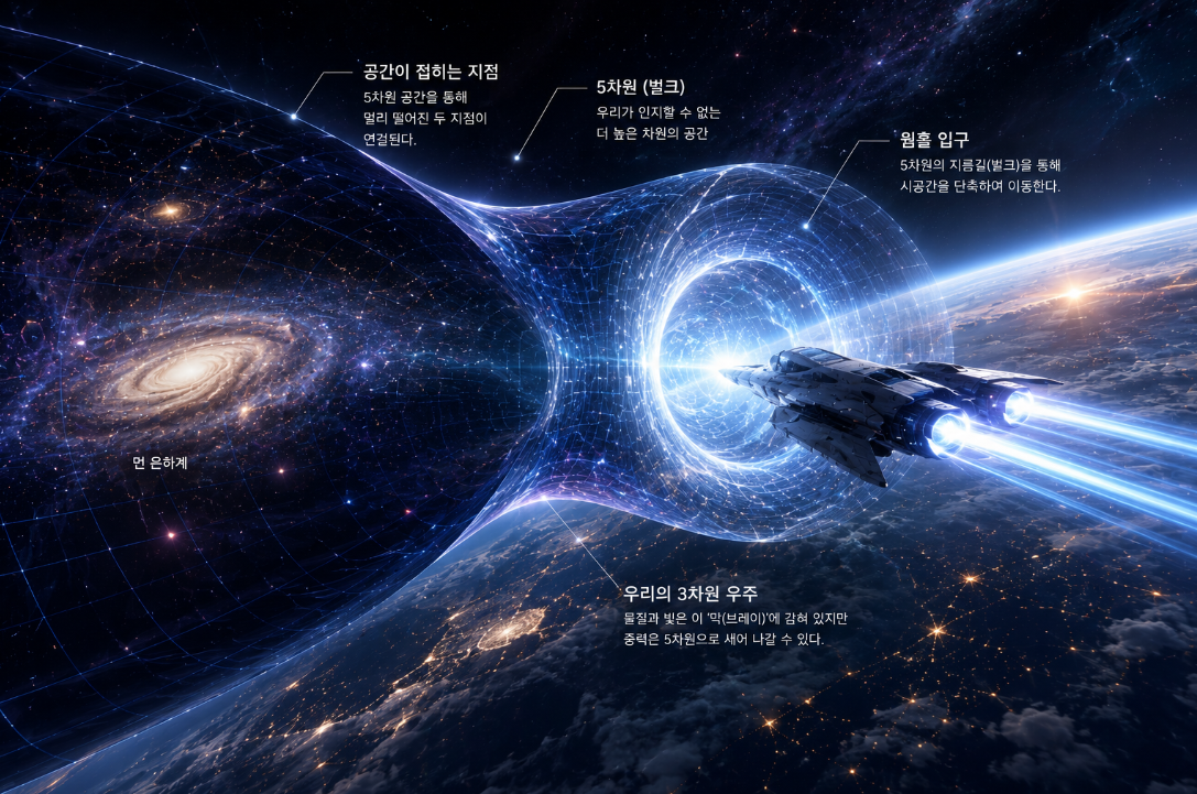 접힌 시공간 속 웜홀을 통과하며 초장거리 이동을 시도하는 미래형 우주선