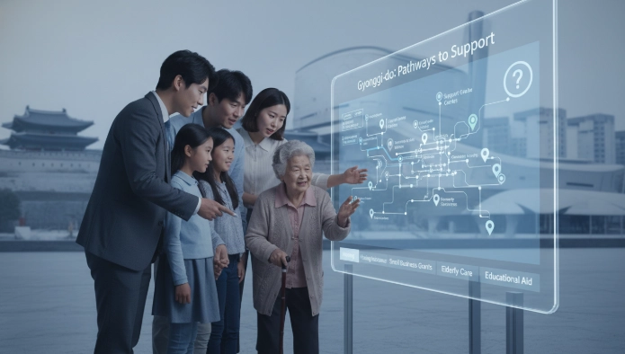 다양한 경기도민들이 정부지원 정보 웹사이트를 함께 살펴보며 자신에게 맞는 혜택을 찾는 모습.