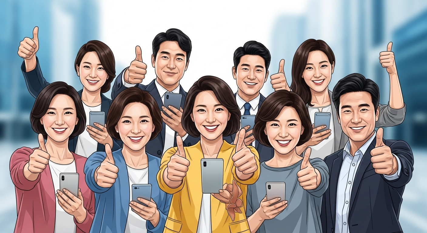 4050세대 경남도민이 밝게 웃으며 손가락으로 엄지를 치켜세우는 역동적인 장면