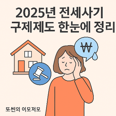 2025년 전세사기 구제제도 안내 일러스트 — 집과 판결망치, 걱정하는 여성 캐릭터가 포함된 전세보증 피해자 구제 정책 인포그래픽