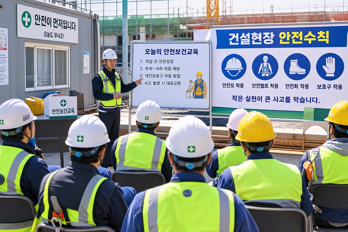 건설현장에서 안전보건교육을 받는 근로자 모습