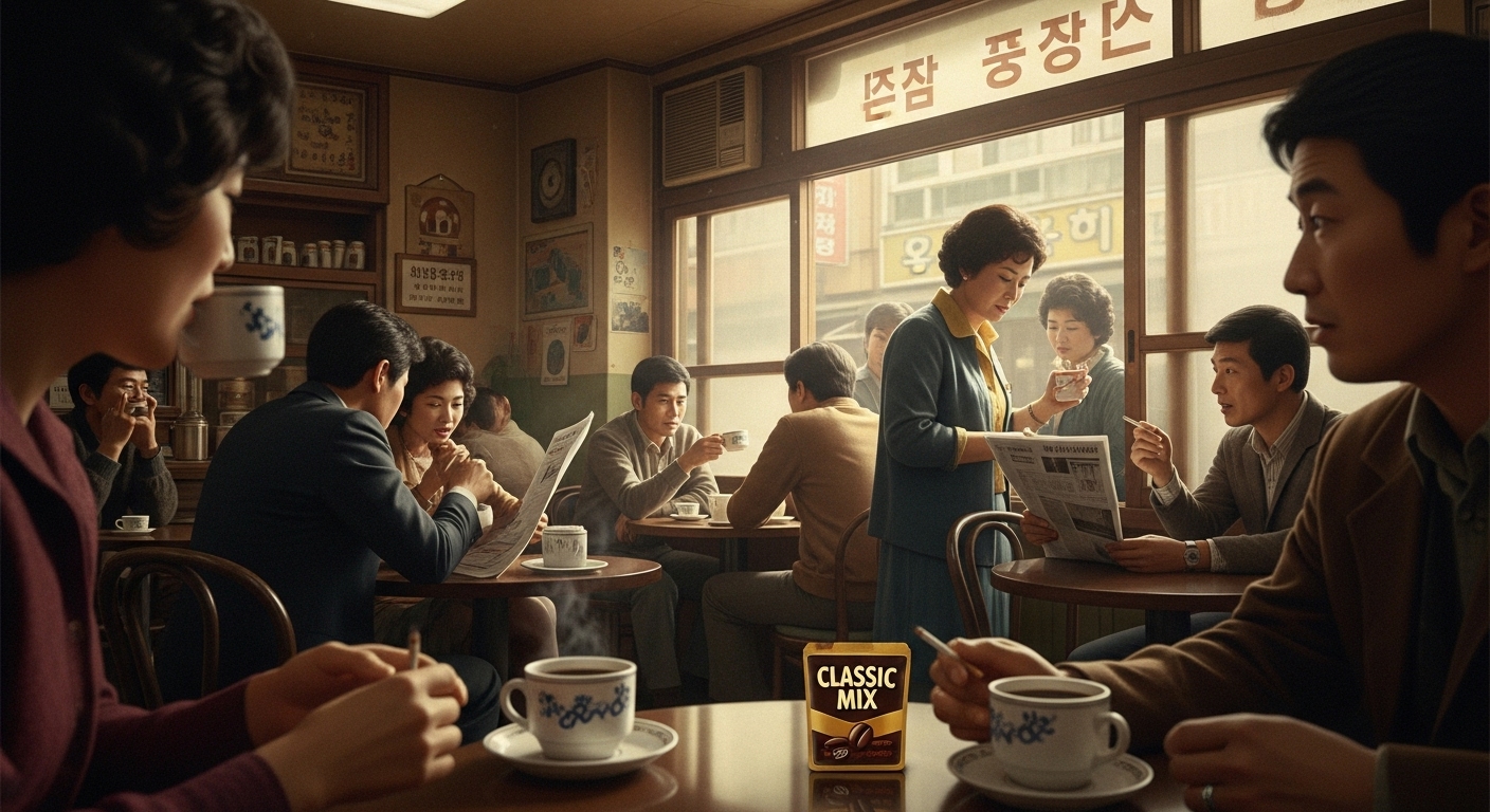 1970년대-80년대 한국의 정겨운 다방 풍경. 사람들이 믹스 커피를 마시며 대화하는 모습과 아늑한 실내.