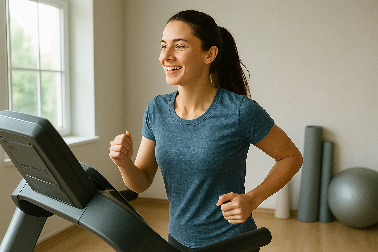 트레드밀 위의 건강한 운동 중 여성